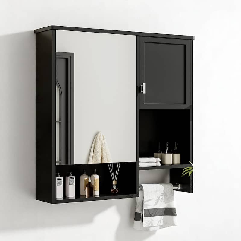 Modern 29" Bathroom Wall Cabinet with Mirror, 2 Doors, Adjustable Shelf, and Over-the-Toilet Towel Bar