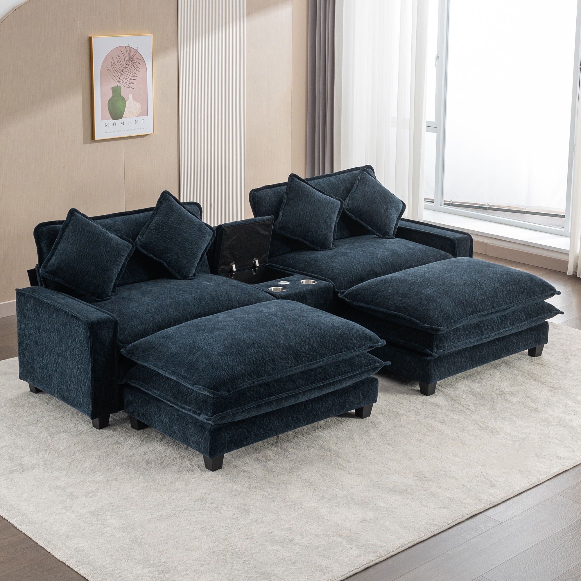 111" Chenille Sectional Sofa Set with USB Ports & Cup Holders, Oversized Chaise Lounge Modular Loveseat with 2 Ottomans