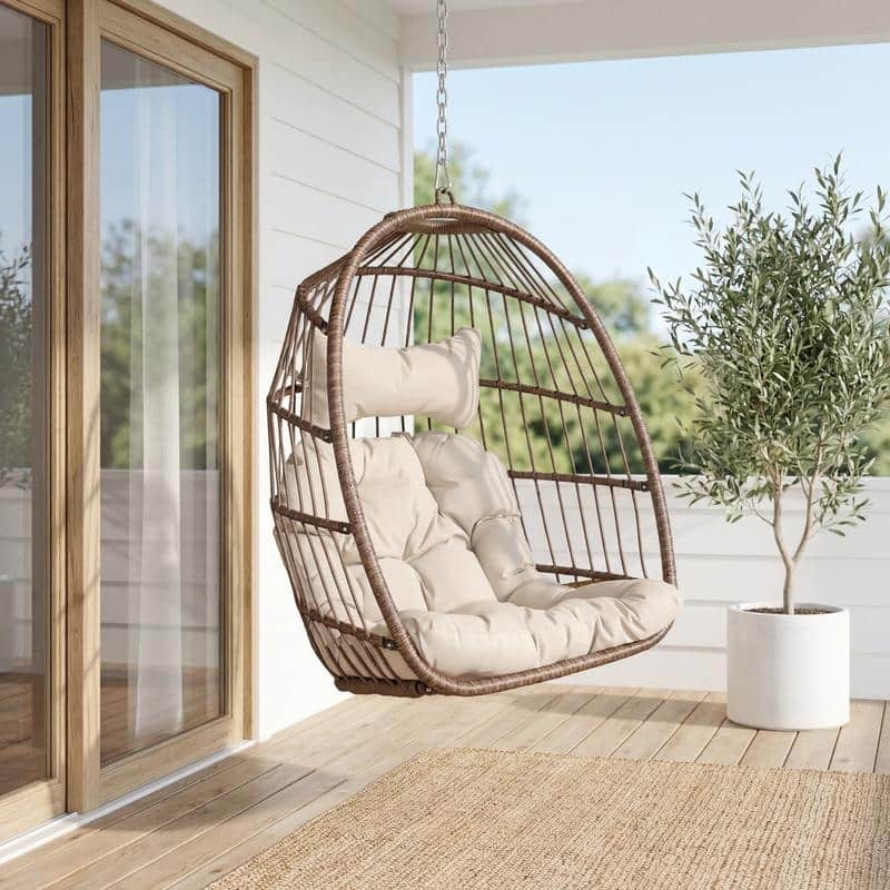 Indoor Hanging Egg Chair Without Stand, 350 lbs Capacity, Wicker Egg Swing Chair with Cushion for Living Room and Bedroom - Brown