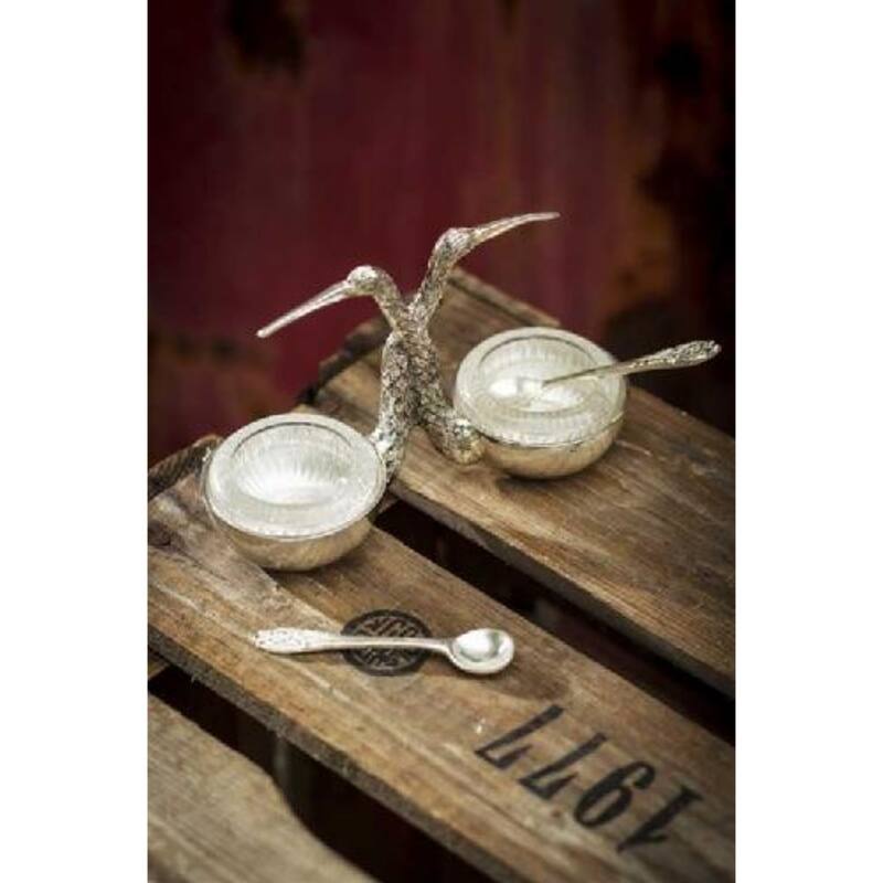Modern Silver Salt and Pepper Cellar with Clear Glass Compartments and Silver Serving Spoons - 5.5 L x 2.25 W x 3.25" H