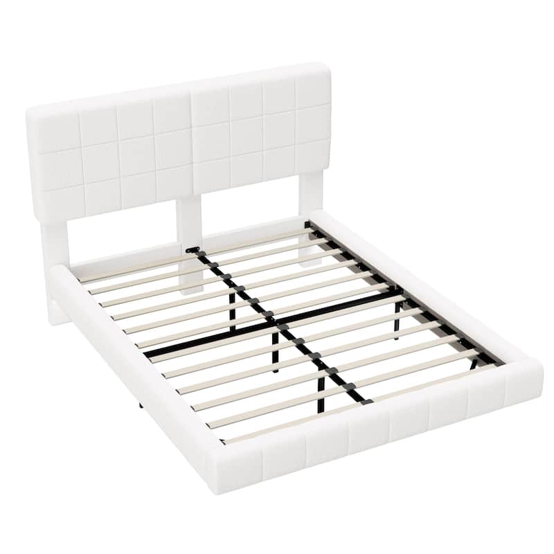 Floating Platform Bed Frame with LED Lights, Headboard, Modern Upholstered Boucle Fabric Bed with Checkerboard Design