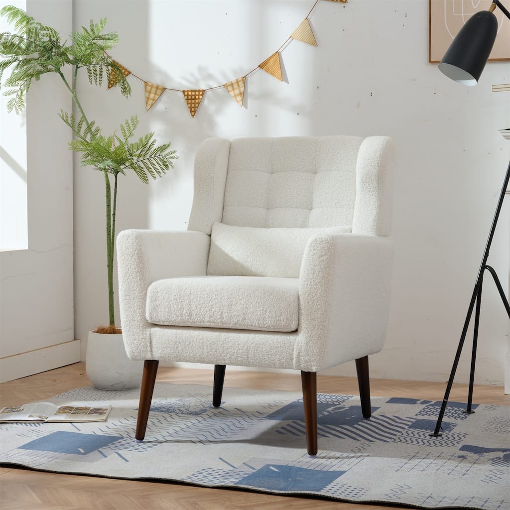 Clearance Sale Modern Accent Chair, Teddy Fabric Living Room Lounge Chairs with Wooden Legs Accent Chairs, White