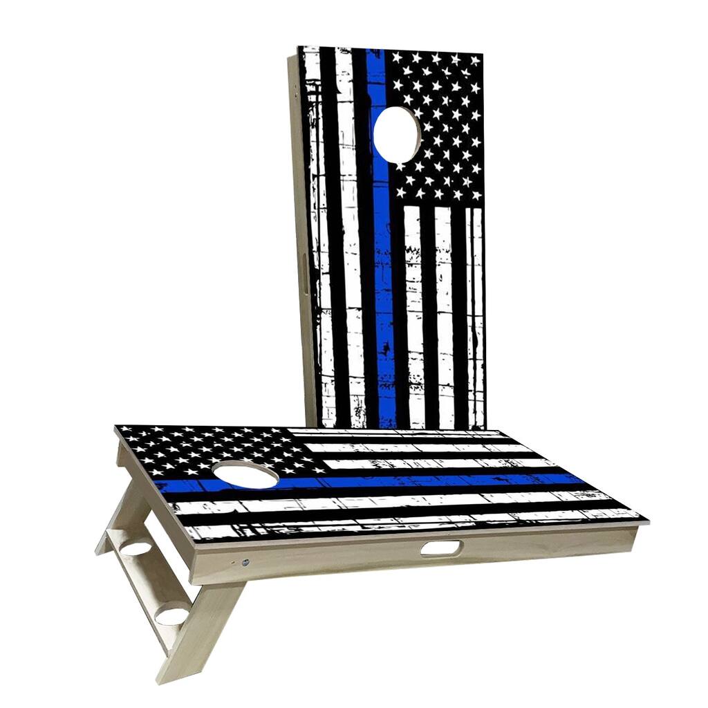 USA Rustic Thin Blue Line Cornhole Boards w LED Lights