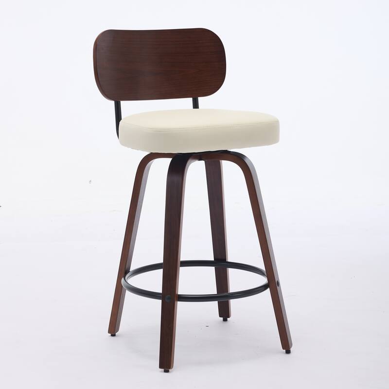 360° Swivel Bar Stools Set of 2 Faux Leather Counter Height Barstools with Walnut Back, Bentwood Legs and Metal Footrest