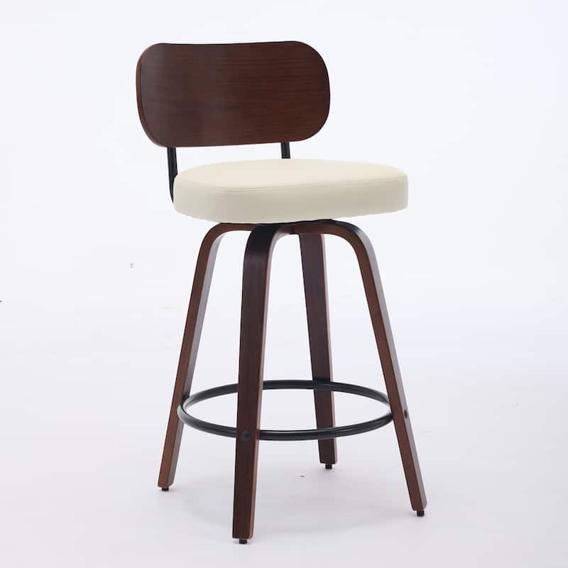 Set of 2 Swivel Bar Stools‌ – 26" faux leather seats, walnut backs & bentwood legs. Mid-century modern style for kitchen islands