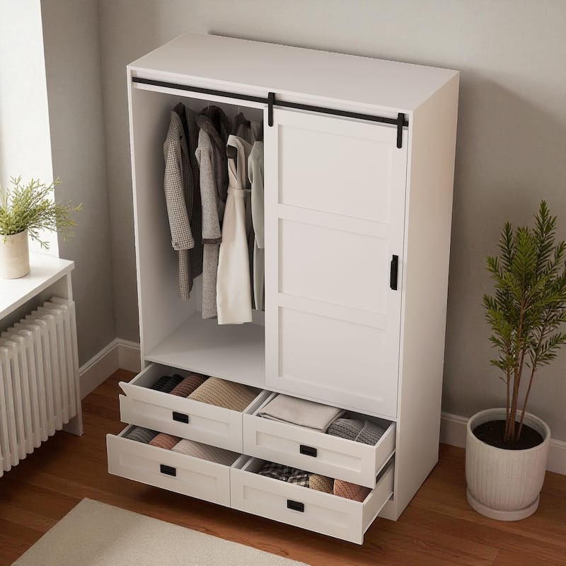 Tall Armoire Wardrobe Closet with Hanging Rod Barn Door 4 Drawers and 3 Open Shelves MDF Bedroom Storage Cabinet