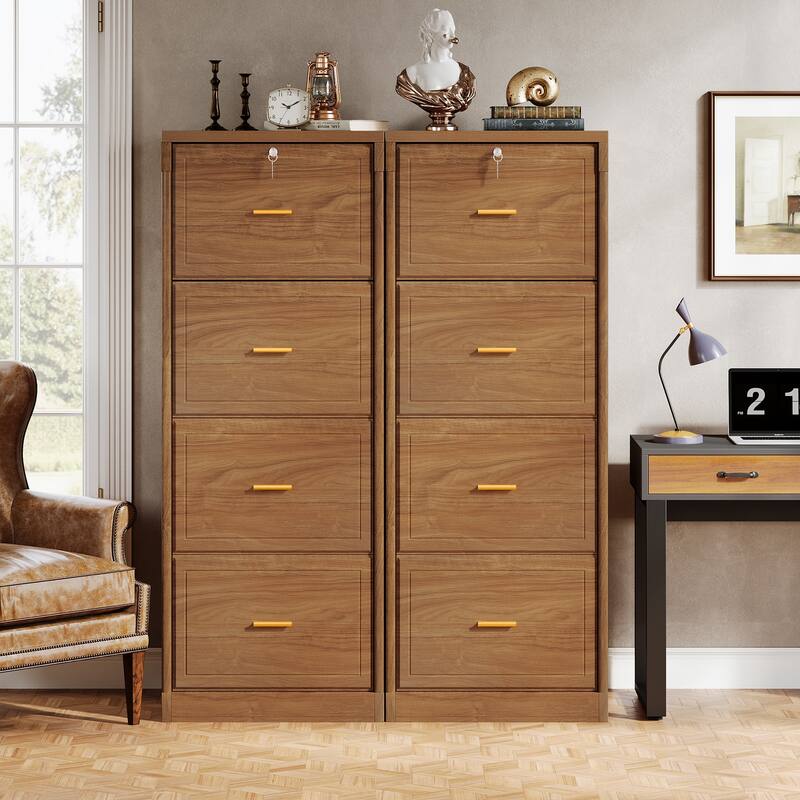 4-Drawer File Cabinet with Lock and Key, Vertical Filling Cabinet for A4/Letter/Legal Size Files - Brown (2-PC)