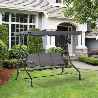 Outsunny 3-Seater Porch Swing Chair Outdoor Patio Bench for Deck with Adjustable Canopy, Padded Sling Fabric Seat