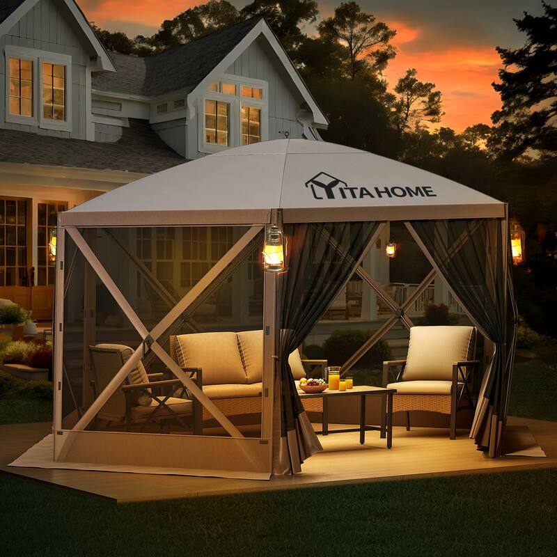 Outdoor 6-Sided Hexagon Pop-up Party Tent with Mesh Netting Walls - 12 x 10.4 - Beige
