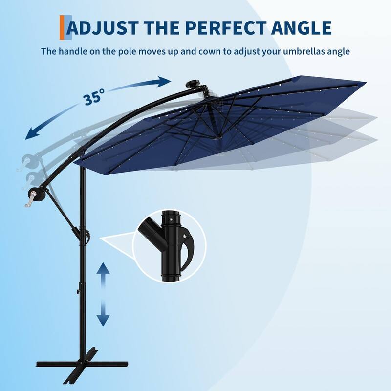 Coromose 10FT Solar Cantilever Patio Umbrella, 8 Ribs, 32 LED Lights
