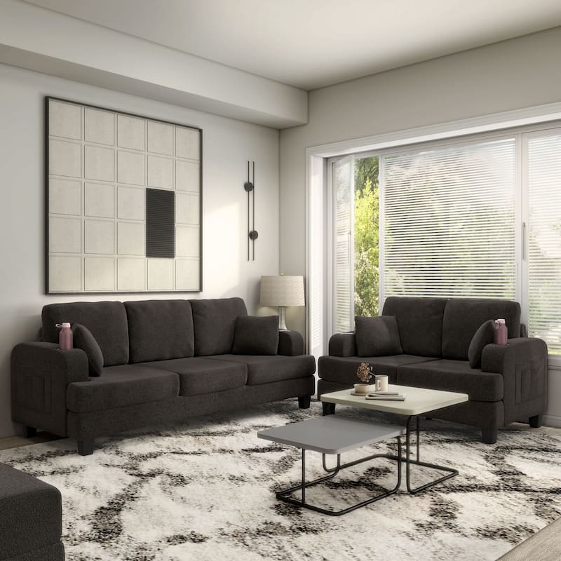 Furniture of America Xenia Modern 2-Piece Boucle Sofa Set with Cup Holders and USB Ports