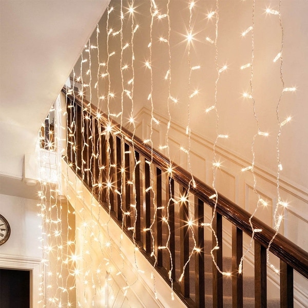 18W 9.8ft x 9.8ft LED Window Curtain Light, 8 Modes Icicles Starry Extendable Christmas String Light, 300 LEDs