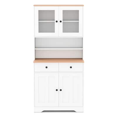Pantry Cabinet with Glass Doors Adjustable Shelves and 2 Drawers for Kitchen Storage - 31.5" x 16.5" x 67"