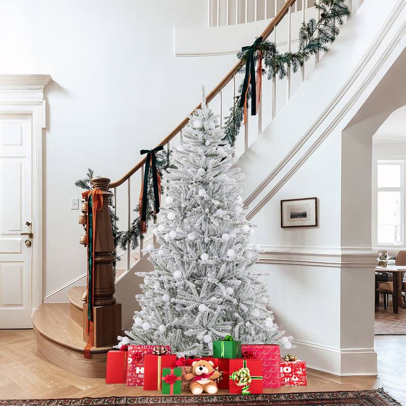 Snow Flocked Prelit Christmas Tree Green and White with LED and Frosted Sphere Lights Adjustable