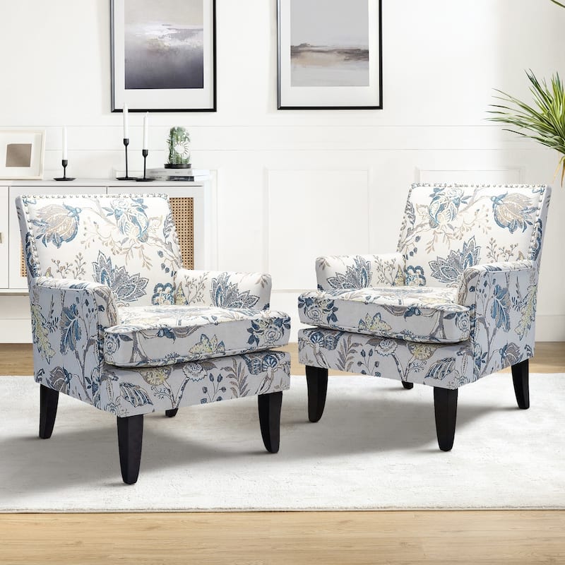 Akorda Classic Armchairs with Nailhead Trim and Solid Wood Legs Set of 2 by HULALA HOME - Blue and Yellow