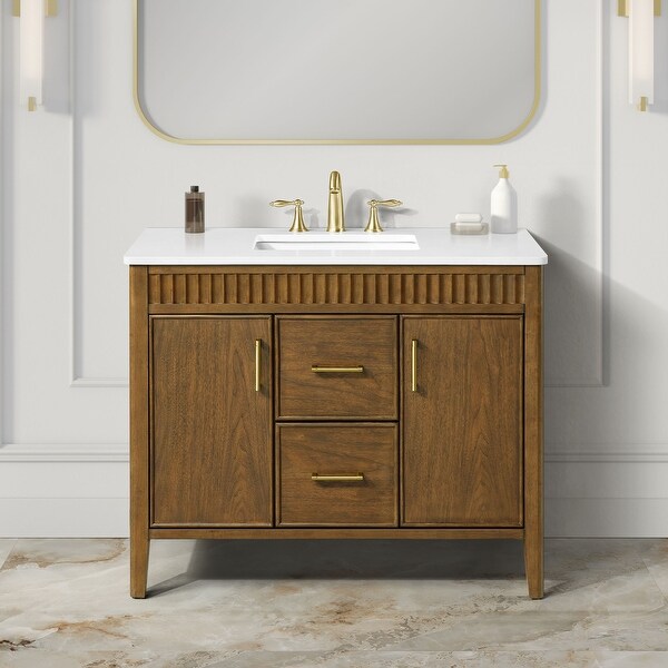 Juliette Warm Walnut Bathroom Vanity with White Quartz Top - On