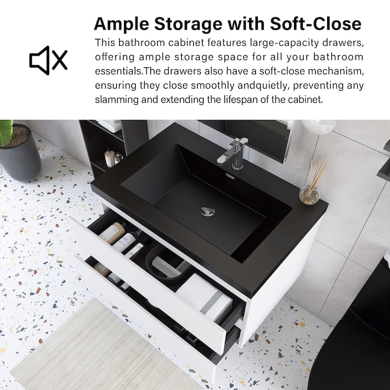 24/30/36 inch Wall-Mounted Bathroom Vanity Set in White with Integrated Black Resin Sink