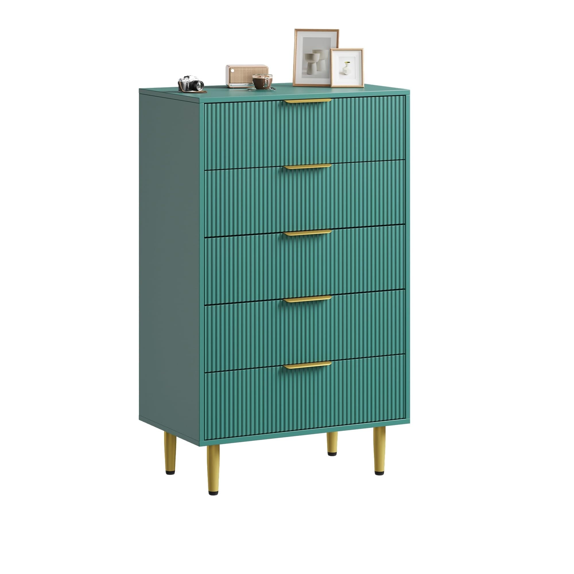 Fluted Dresser for Bedroom with 5 Drawers, Wooden Chest of Drawers with Metal Handle & Feet