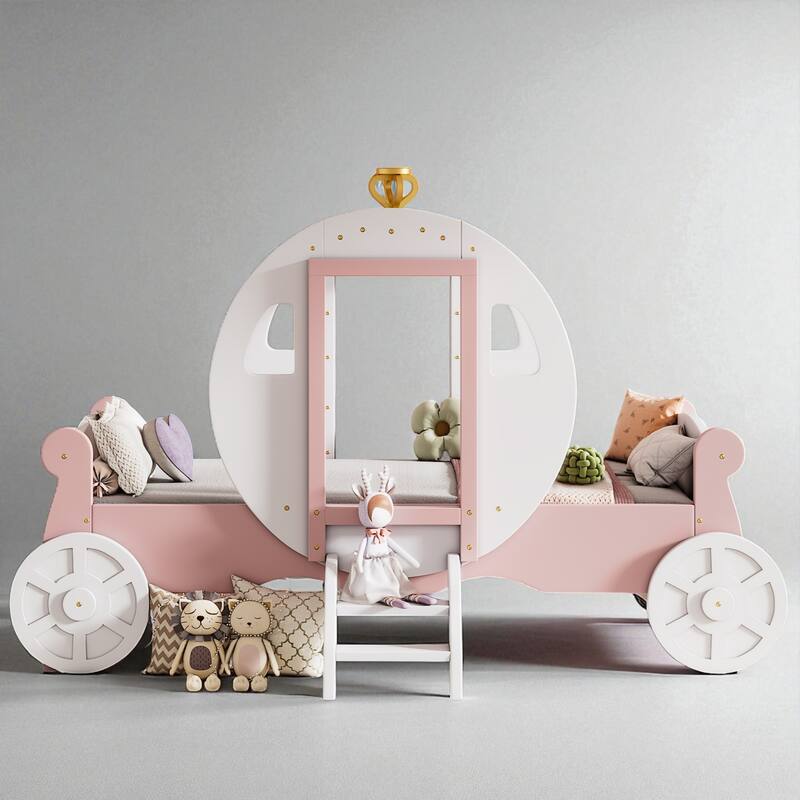 Twin Size Princess Carriage Bed with Crown and Stairs, Kids Wooden Platform Bed Frame with Slats and Fairy Tale Design