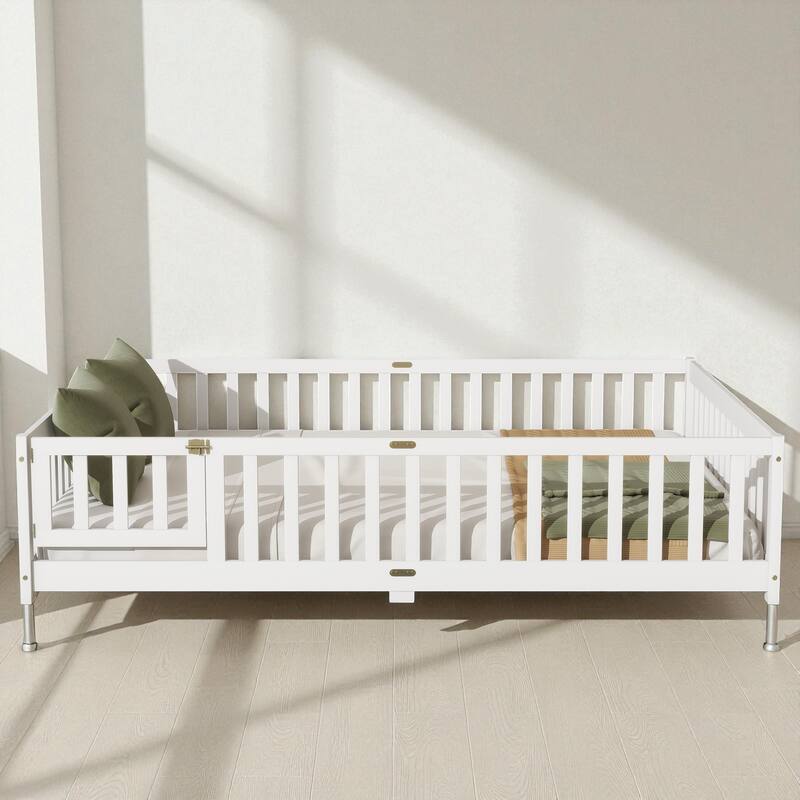 Queen Size Rubber Wood Floor Bed with Fence and Door, Montessori Platform Bed with Safety Guardrails for Kids