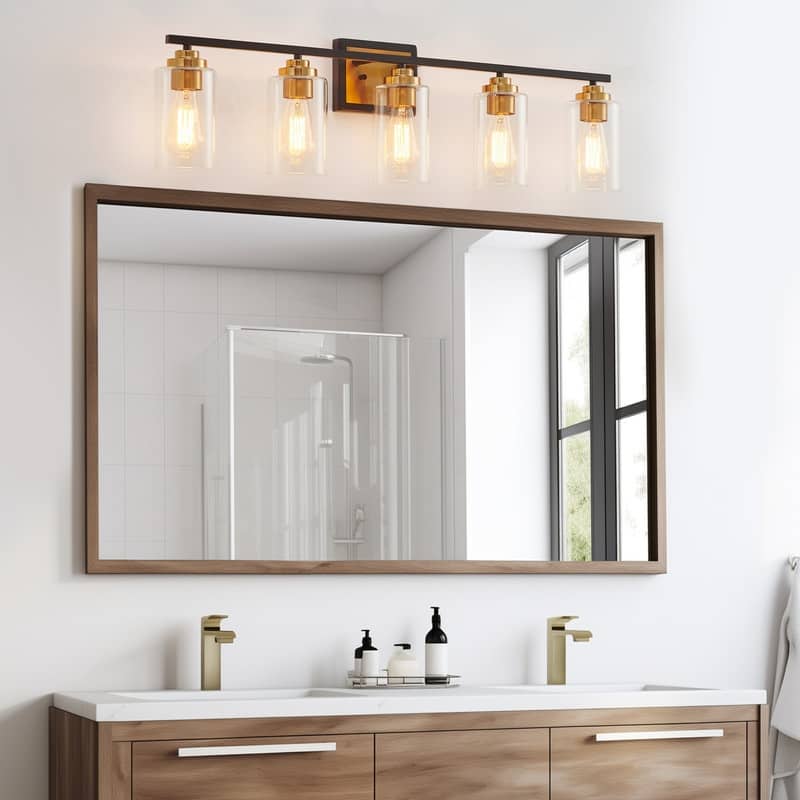 KAWOTI 5-Light Black & Gold Bathroom Vanity with Clear Glass Shade
