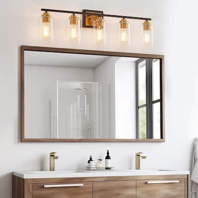 KAWOTI 5-Light Black & Gold Bathroom Vanity with Clear Glass Shade