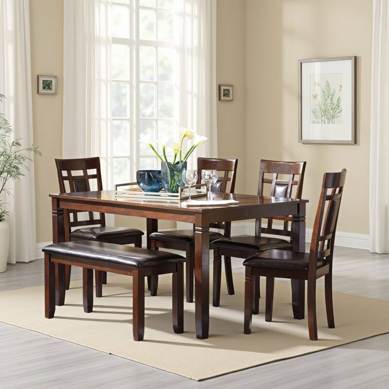 Noxx 6pc Dining Table Set with 4 Chairs 1 Bench, Brown, Faux Leather