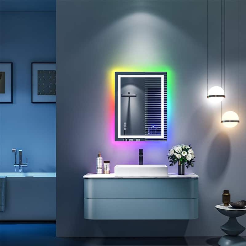 Super Bright RGB Backlit & LED Frontlit Anti-Fog Bathroom Vanity Mirror in Tempered Glass & ETL