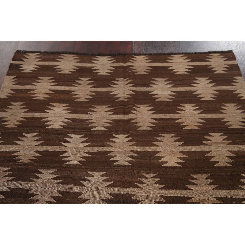 Natural Dye Brown Kilim Oriental Area Rug Wool Hand-woven Foyer Carpet - 5'3" x 6'8"