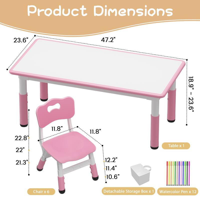 Height Adjustable Kids Table and 6 Chairs Set with Storage Box