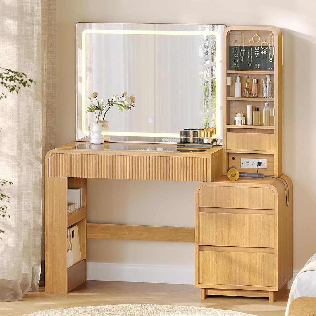 Makeup Vanity Desk with Mirror and Lights 55.51" Fluted Vanity 5 Drawer