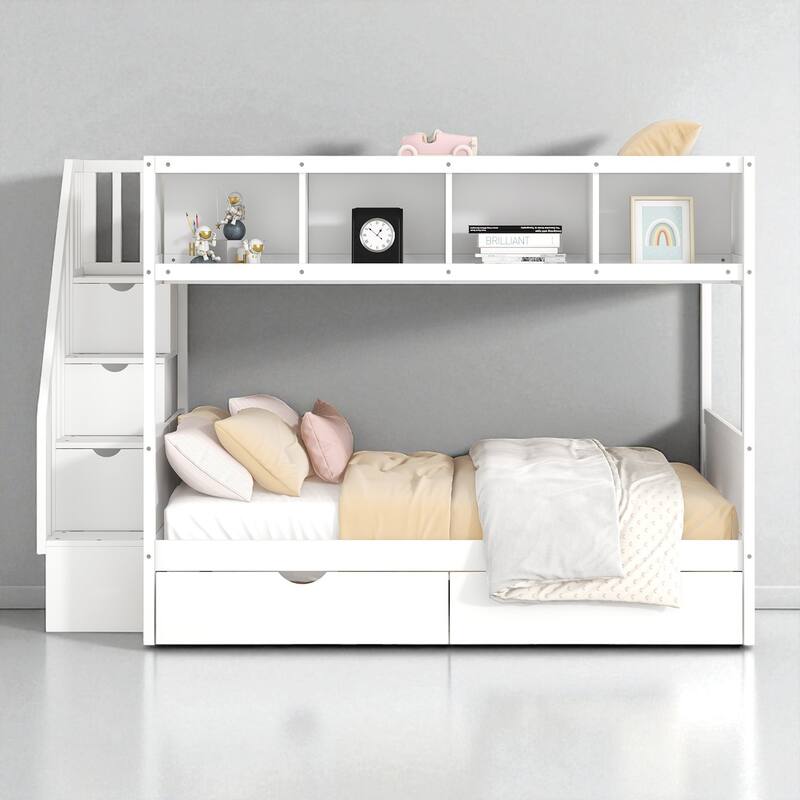 Twin Over Full Bunk Bed with Storage Staircase, Shelves and 2 Drawers, Solid Wood Frame for Kids