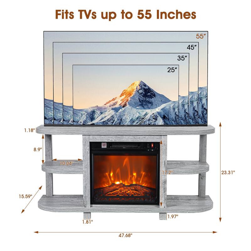 48" Modern Light Gray Fireplace TV Stands Console Table with Open Storage Shelves