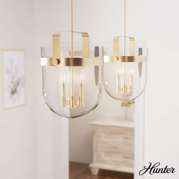 slide 2 of 12, Hunter Karloff Clear Glass Bell-Shaped Pendant - Kitchen Island, Dining Room, Entry - Modern Farmhouse, Rustic, Industrial 14" 3 Light - Alturas Gold