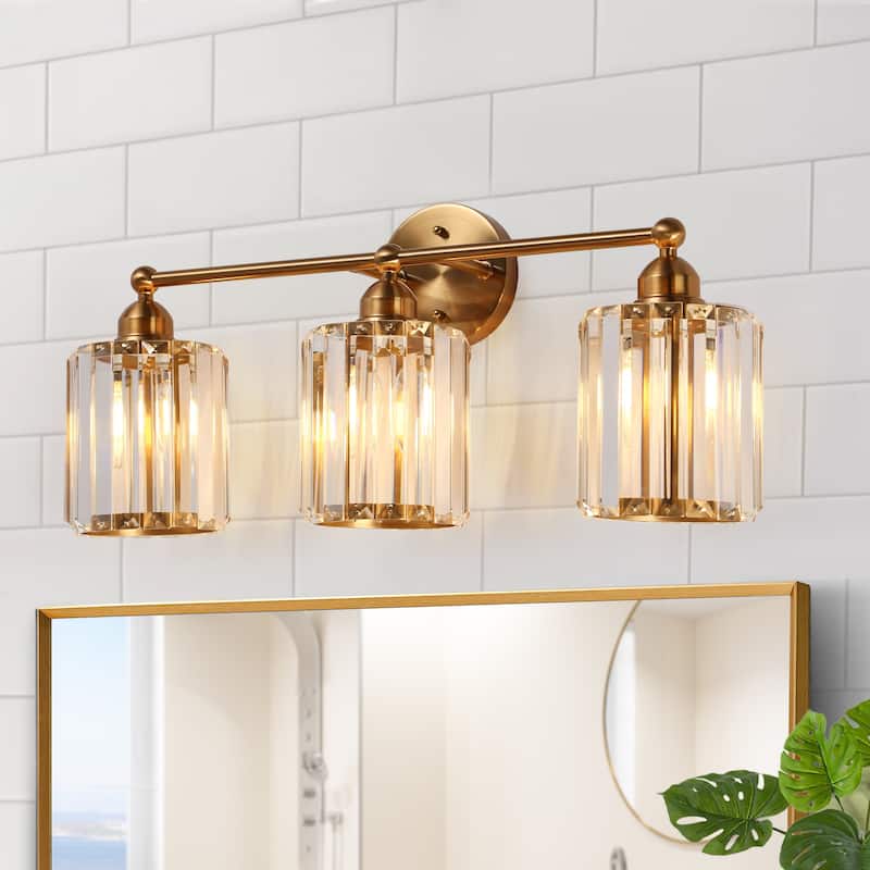 Modern Glam Crystal 3-Light Gold Bathroom Vanity Lights Dimmable Plating Brass Wall Sconce