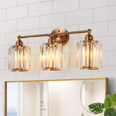 Modern Glam Crystal 3-Light Gold Bathroom Vanity Lights Dimmable Plating Brass Wall Sconce