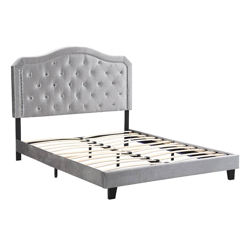 Elegant Upholstered Queen Bed with Button Tufted Curves, LED Lights, and Strong Wooden Slat Support, No Box Spring Needed