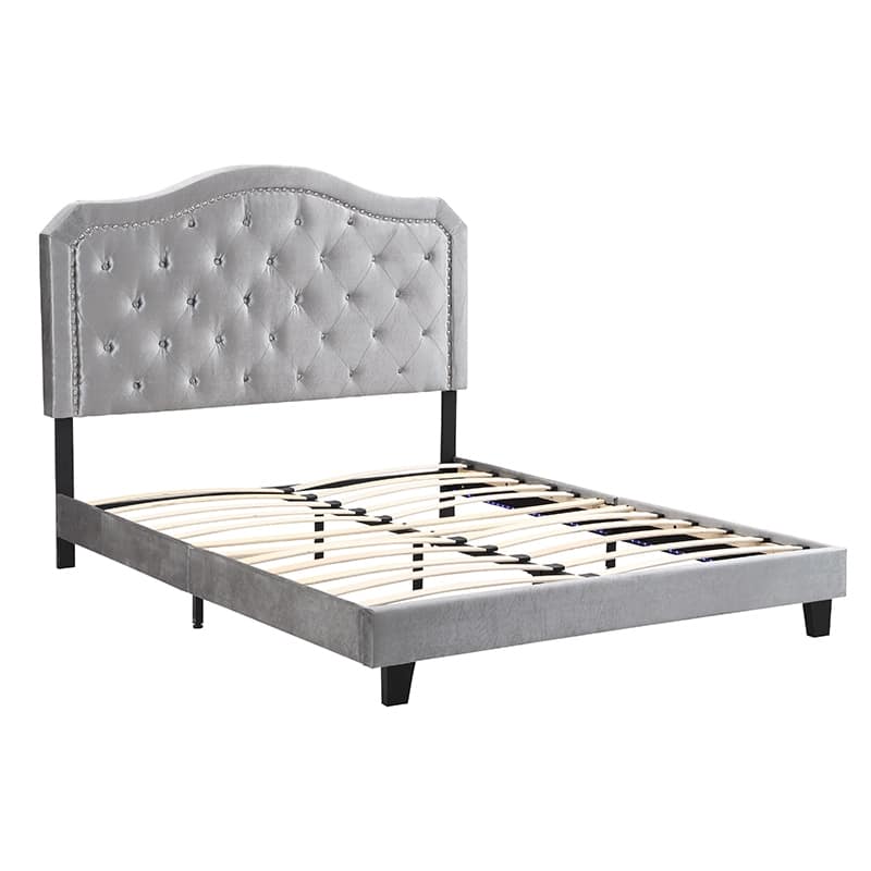 Queen Size Upholstered Platform Bed with LED Lights and Light Grey Velvet