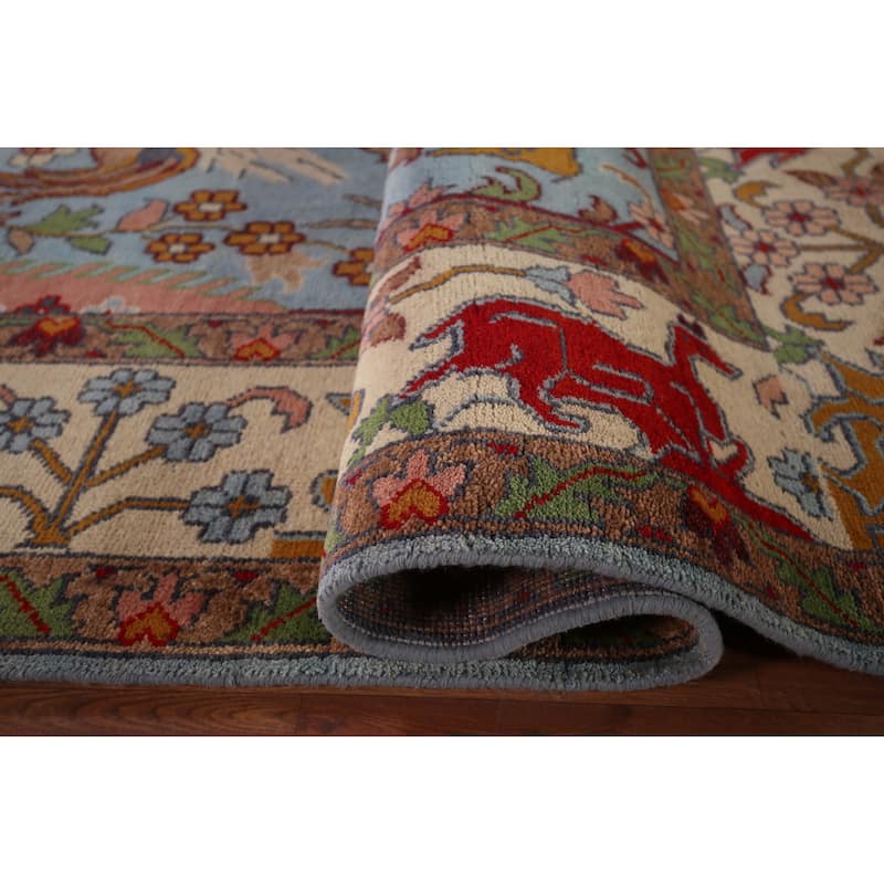 Hunting Animals Blue Ziegler Indian Area Rug Hand-Knotted Wool Carpet - 8'10"x 12'2"