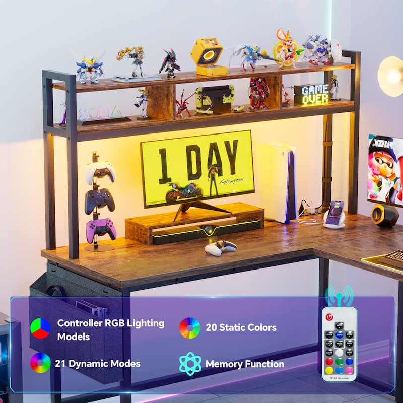 Reversible L-Shaped Desk with Storage Shelves and Hutch, Corner Desk with Charging Station and RGB LED Lights