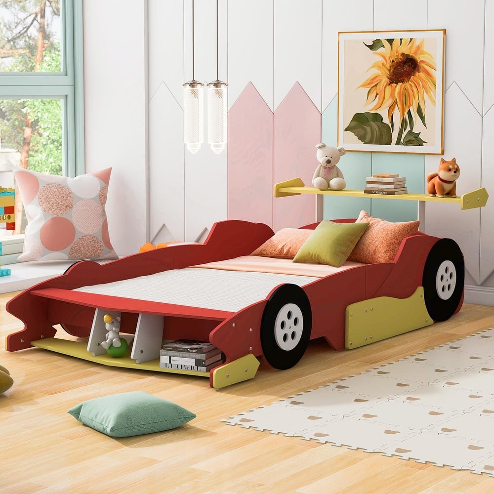 Race Car-Shaped Platform Bed with Wheels