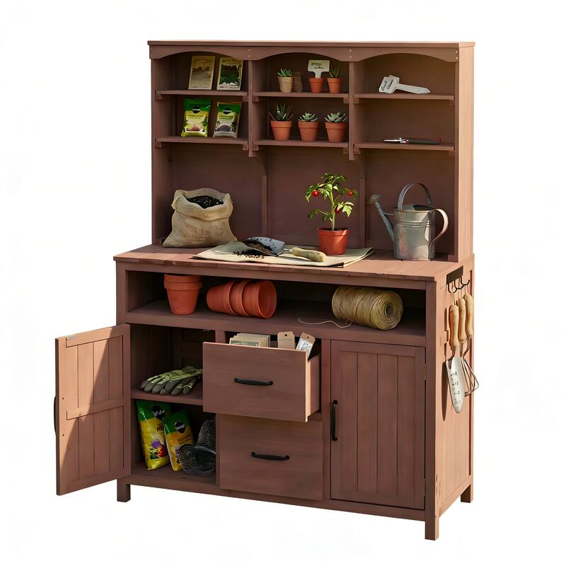 Roomfitters Outdoor Garden Potting Bench with Storage Hutch, Potting Table with Drawers and Cabinets, Shelves