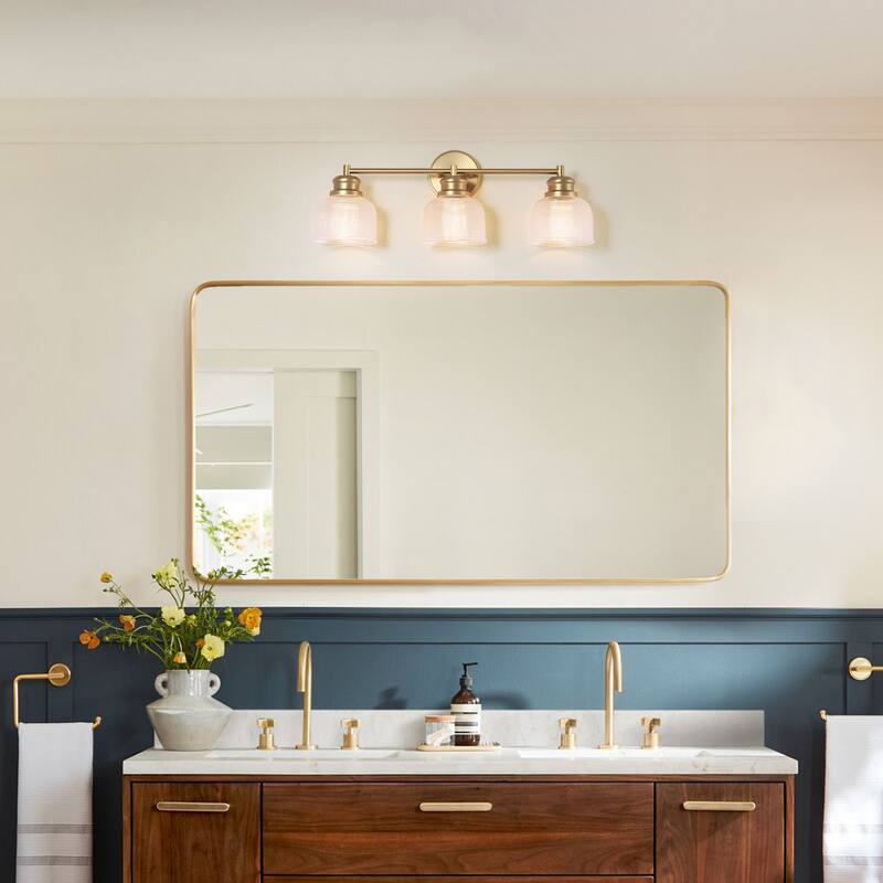 23.8" W 3-Light Retro Industrial Gold Bowl-Shaped Bathroom Vanity Light with Clear Chequered Textured Glass Shades