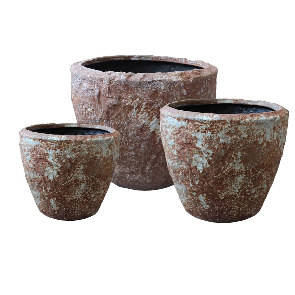 Hand Made Round Bowl Like Rocky Sandstone Planter, Brown, Set of 3