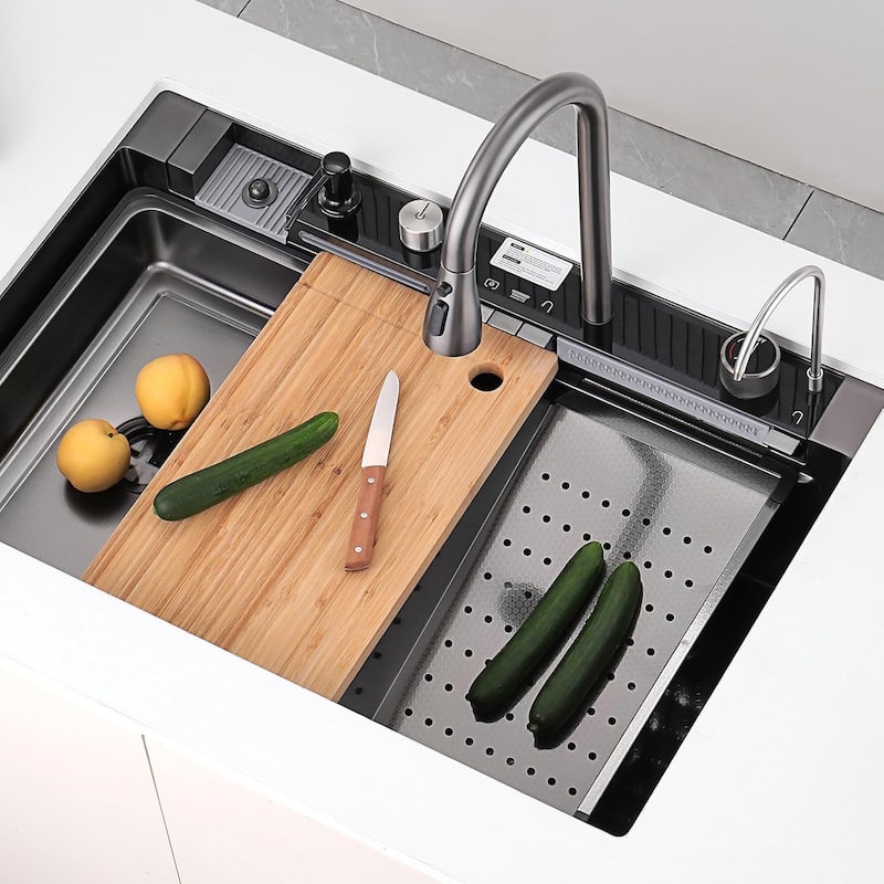 Lefton New 33"x22" Stainless Steel Waterfall Kitchen Sink with Temperature Display in Fahrenheit, Pull-down, KS2206L-PRO - Grey - 33 x 22