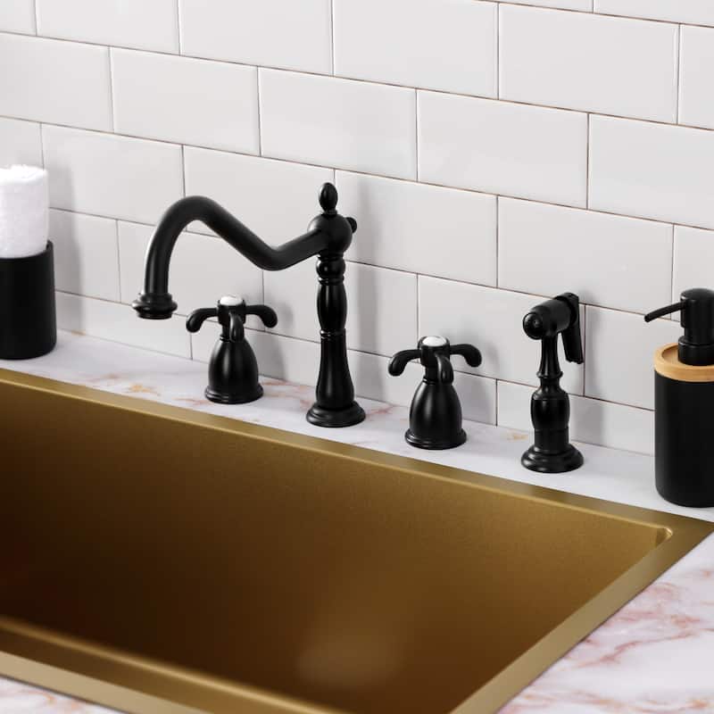 Kingston Brass French Country Widespread Kitchen Faucet with Brass Sprayer