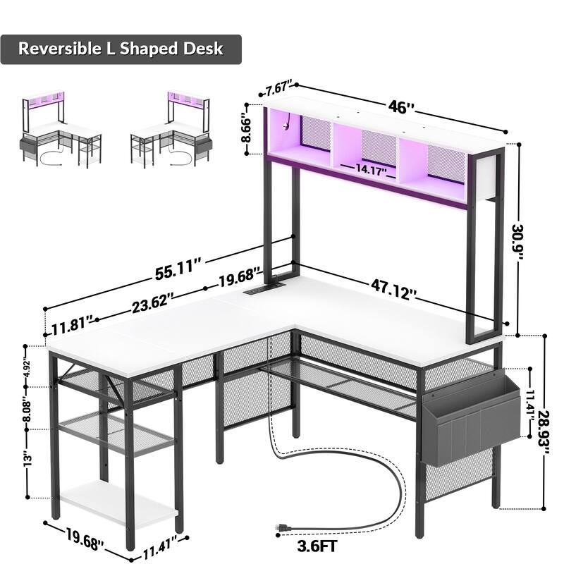 Reversible L-shaped Computer Desk with Storage Shelves and LED Strip and Power Outlets,Corner Desk Gaming Table