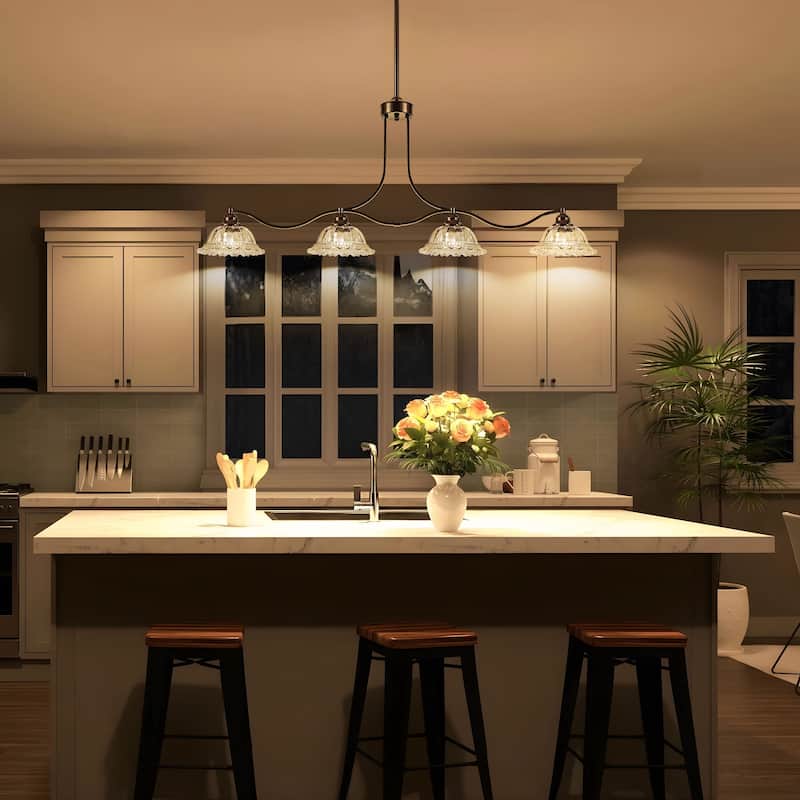Starsky 4-Light Unique Flower-Shaped Crystal Glass Unique Oil Rubbed Bronze Kitchen Island Pendant