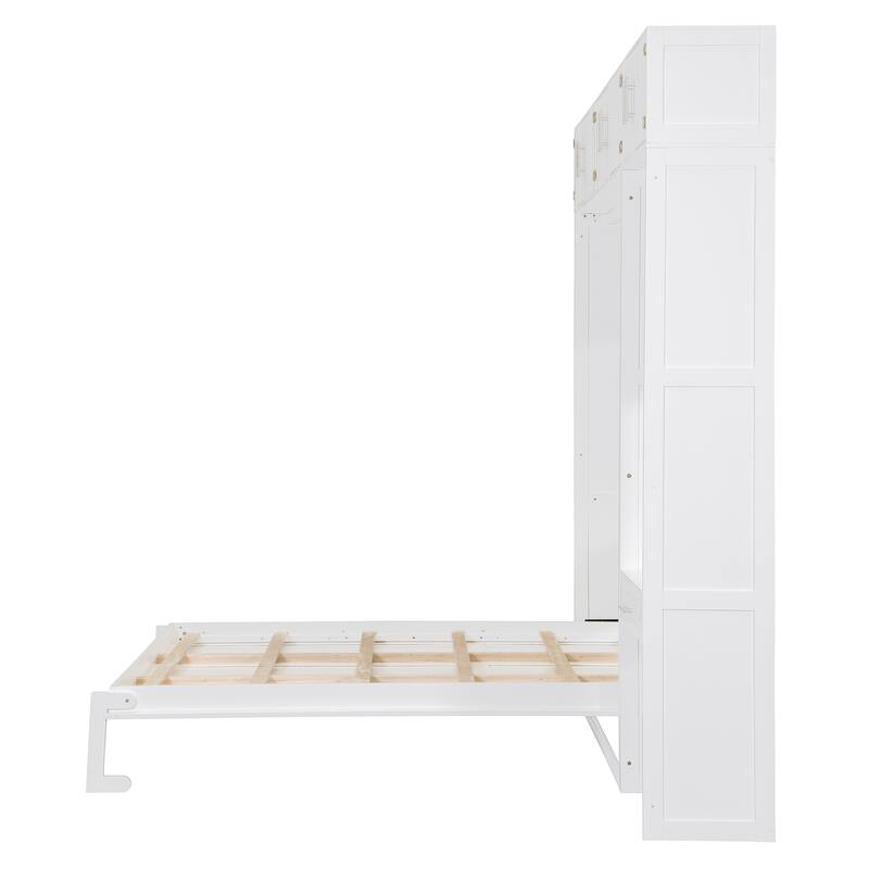 Queen Size Wall Murphy Bed, Foldable Platform Bed with Built-in Desk, Top Cabinet, Pull-out Drawer and Storage Shelves