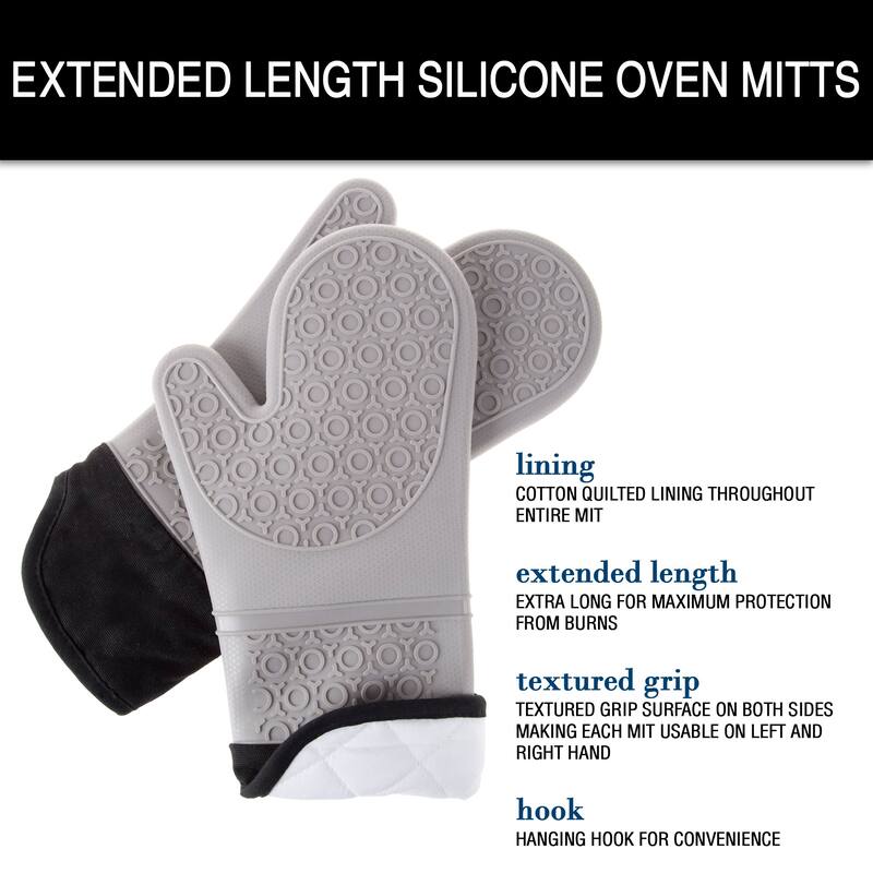 Extra-Long Silicone Oven Mitts - Heat-Resistant and Waterproof Pot Holders with Quilted Lining by Lavish Home (Gray)